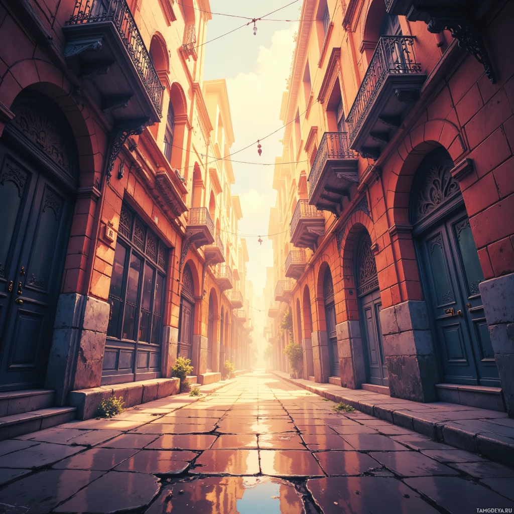 Солнечная улица, обрамленная зданиями с изящными фасадами и балконами.