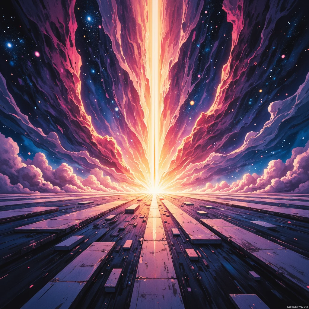 Яркая космическая сцена с сияющим вертикальным лучом света и парящими платформами.