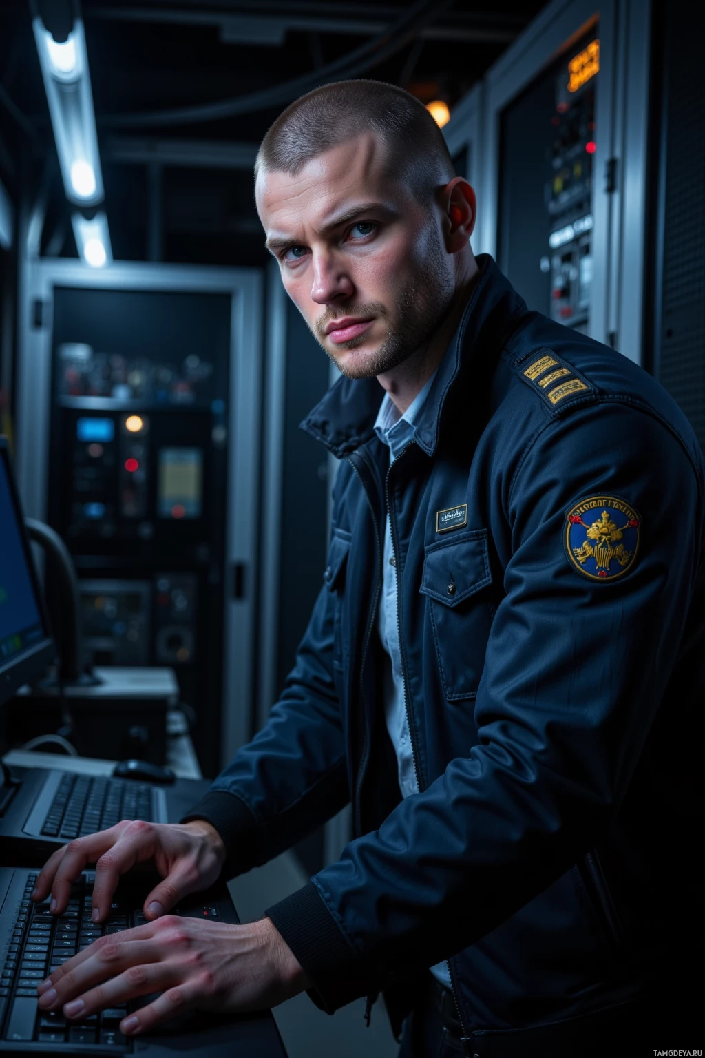 Realistic high quality photo. Man, 24, buzzcut, piercing blue eyes, athletic build, wearing a sleek pilot jacket, standing in a dimly lit server room with rows of humming servers, typing on a keyboard, focused expression, slight frown, late-night atmosphere, cables and blinking indicator lights.