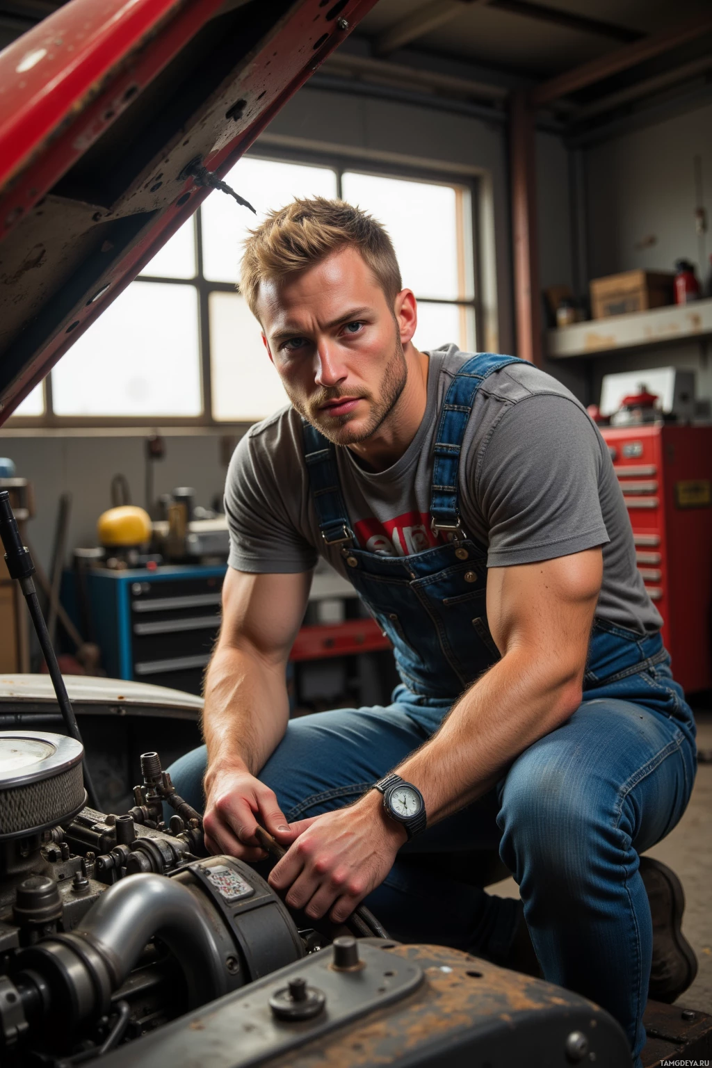 Realistic high quality photo. A rugged 30‑year‑old blonde men mechanic with bright blue eyes, wearing faded mechanic’s overalls over a band t‑shirt, hunched over a valve train on a classic muscle car in a cluttered garage, tools in hand, late afternoon light streaming through dusty windows, engine rumbling softly.