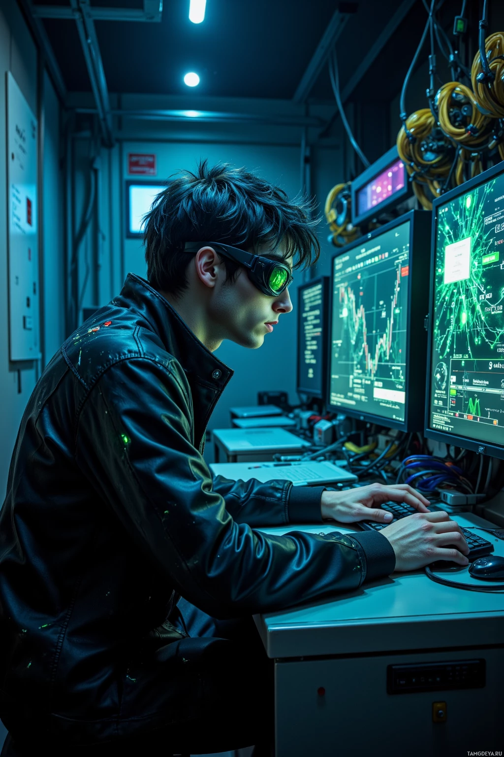 Человек в кожаной куртке и футуристических очках работает за компьютером в полумраке комнаты, усыпанной мониторами с отображаемой информацией.