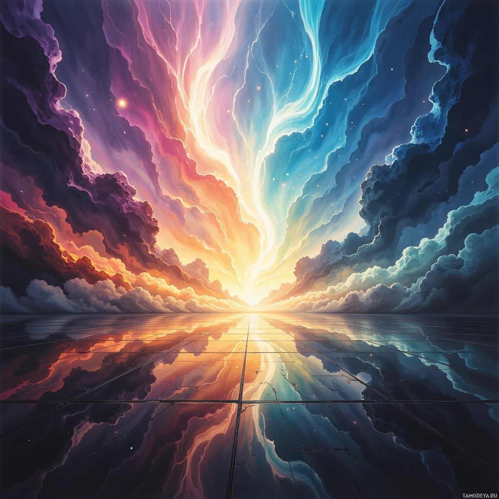 Яркое, абстрактное небо с завихряющимися облаками и светящимся горизонтом, отражающимся на гладкой поверхности.