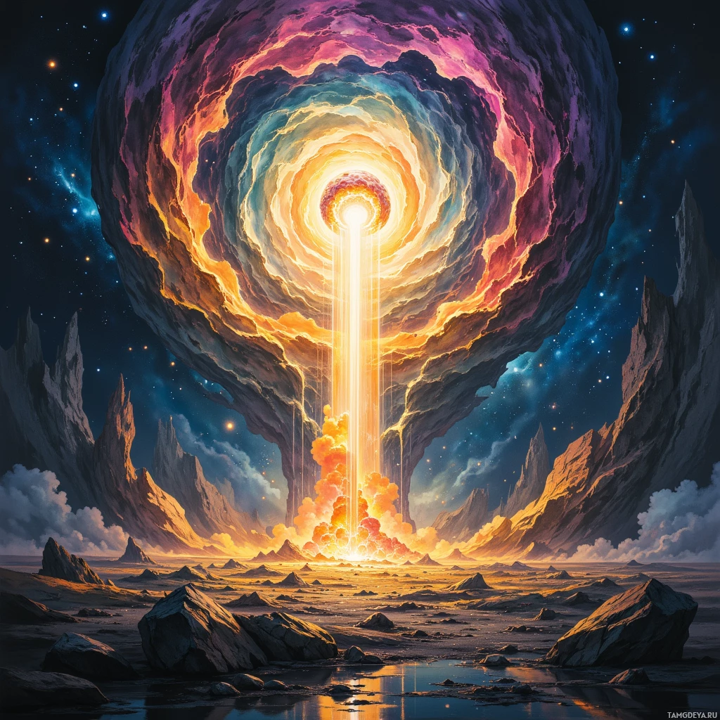 Яркий космический пейзаж с сияющим порталом, окружённым вихрями облаков и усыпанным звёздами небом.