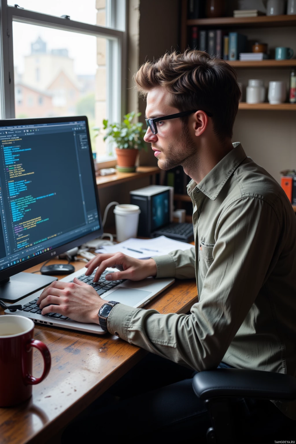 Realistic high quality photo. Morning light spills across a cluttered apartment desk where a 29‑year‑old male coder with short brown hair, blue eyes, and glasses in a casual shirt printed with code sits at a laptop, its screen glowing with complex lines of code and an open debug console, a coffee mug by his side, his posture tense yet thoughtful, reflecting patient frustration and creative focus.