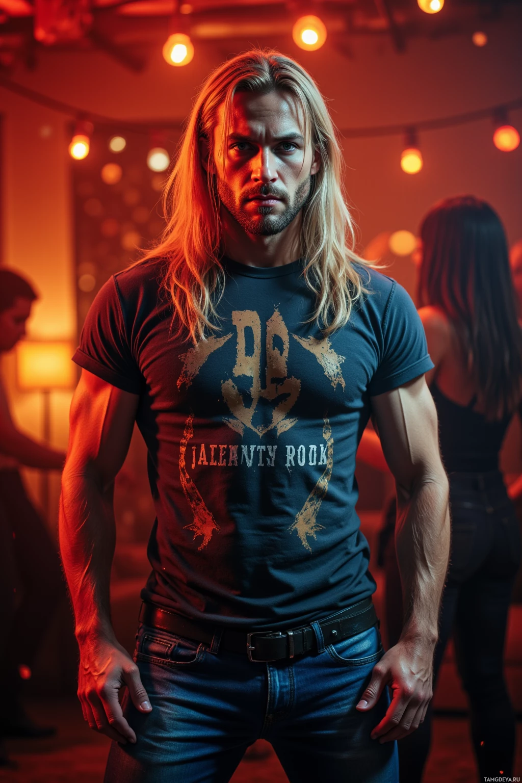 Realistic high quality photo. A rugged 33‑year‑old man with long blonde hair, piercing blue eyes, pale skin, strong jawline, wearing a faded band t‑shirt and jeans, stands in a dimly lit living room turned fiery dancefloor at night, exuding intense rebellious energy.