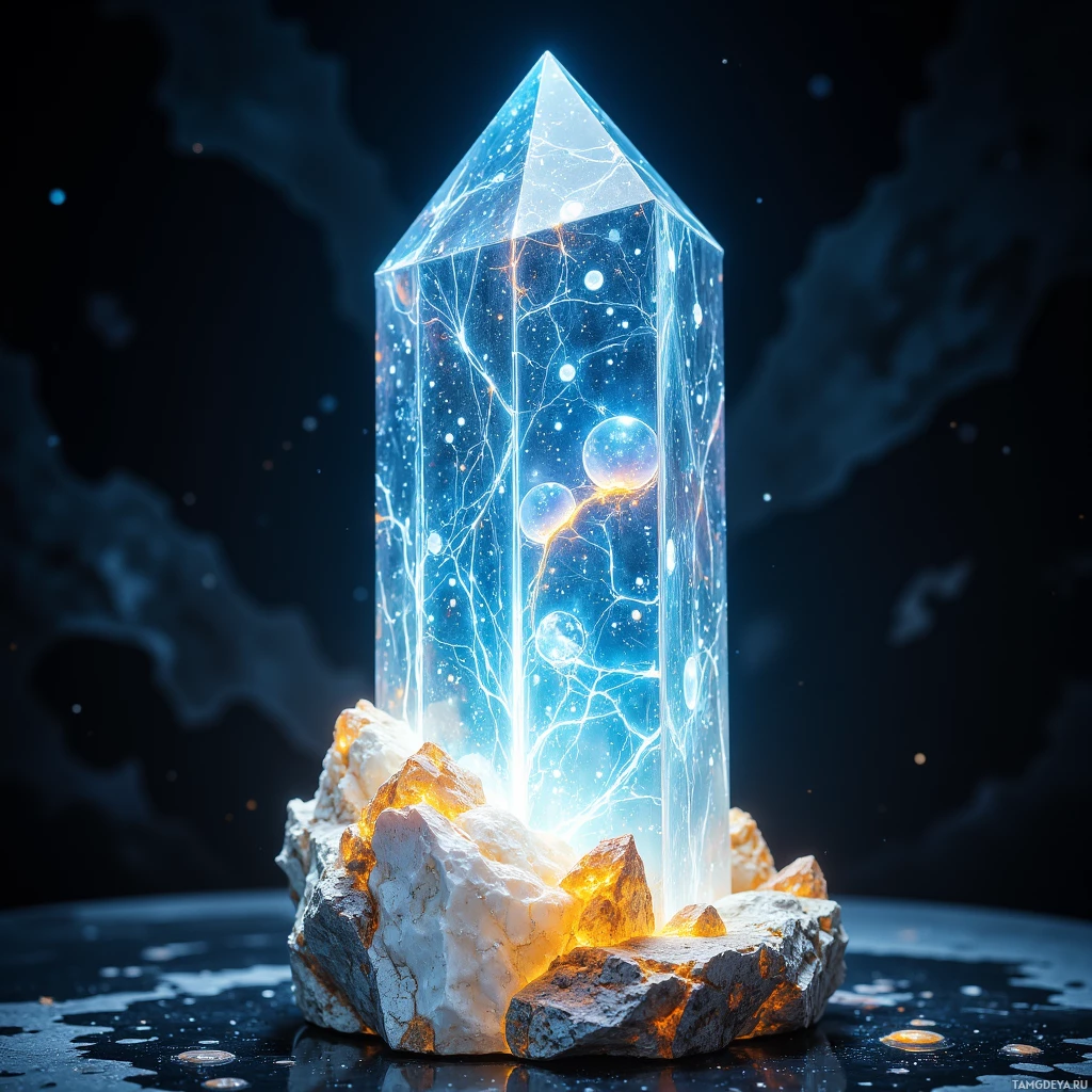  Translucent crystal prism with iridescent blue-white glow, embedded nano‑quantum lattice circuitry, refracting light into shifting glyph‑like patterns, subtle shimmering veins, amber-edged facets, metallic silver accents.