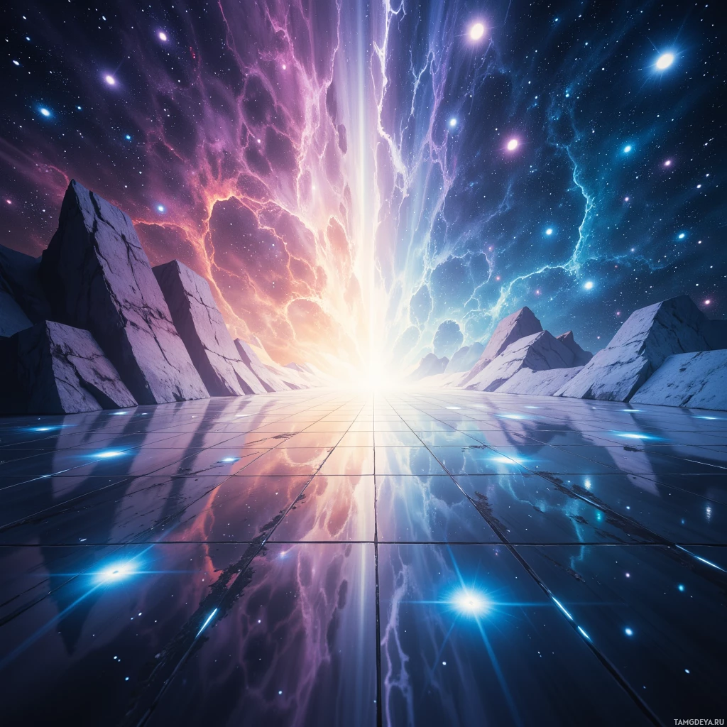 Космический пейзаж с сияющим горизонтом, звездным небом и причудливыми скальными образованиями.