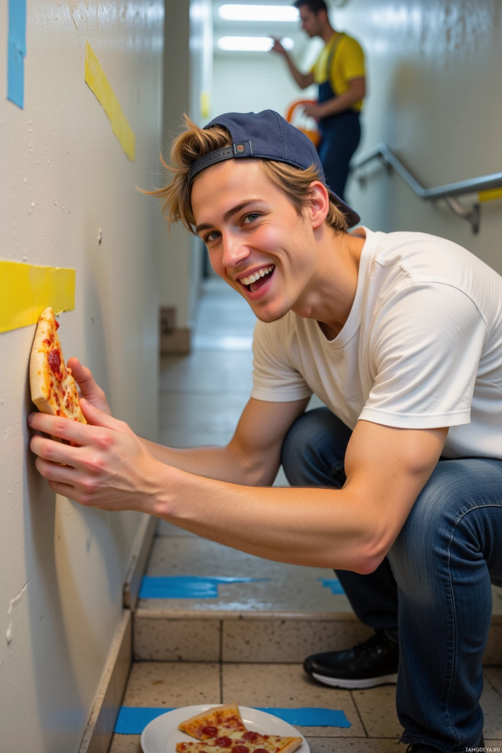 Человек в белой рубашке и синей кепке держит кусок пиццы, стоя на коленях на лестнице.