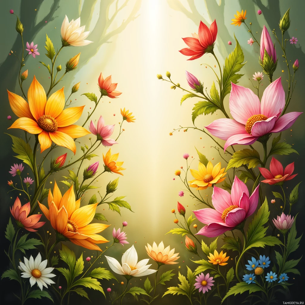 Яркая цветочная композиция с подсолнухами, ромашками и другими цветами, залитыми солнечным светом.