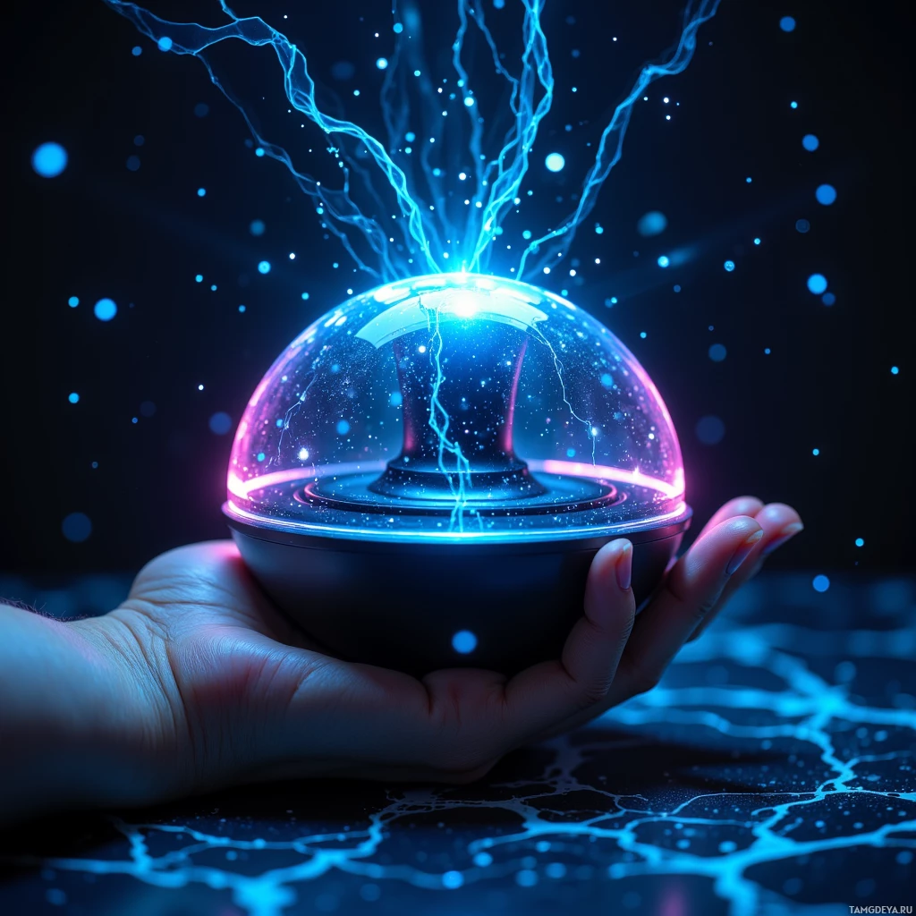 В руке зажат светящийся, сферический объект, излучающий синий свет и искры на фоне темноты.