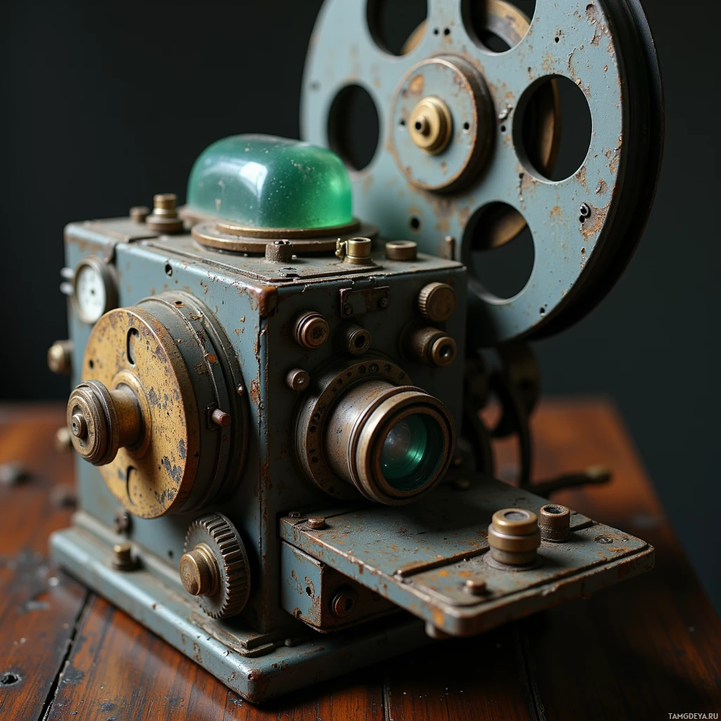 Старый, проржавевший кинопроектор с зелёным куполом и катушками пленки стоит на деревянной поверхности.