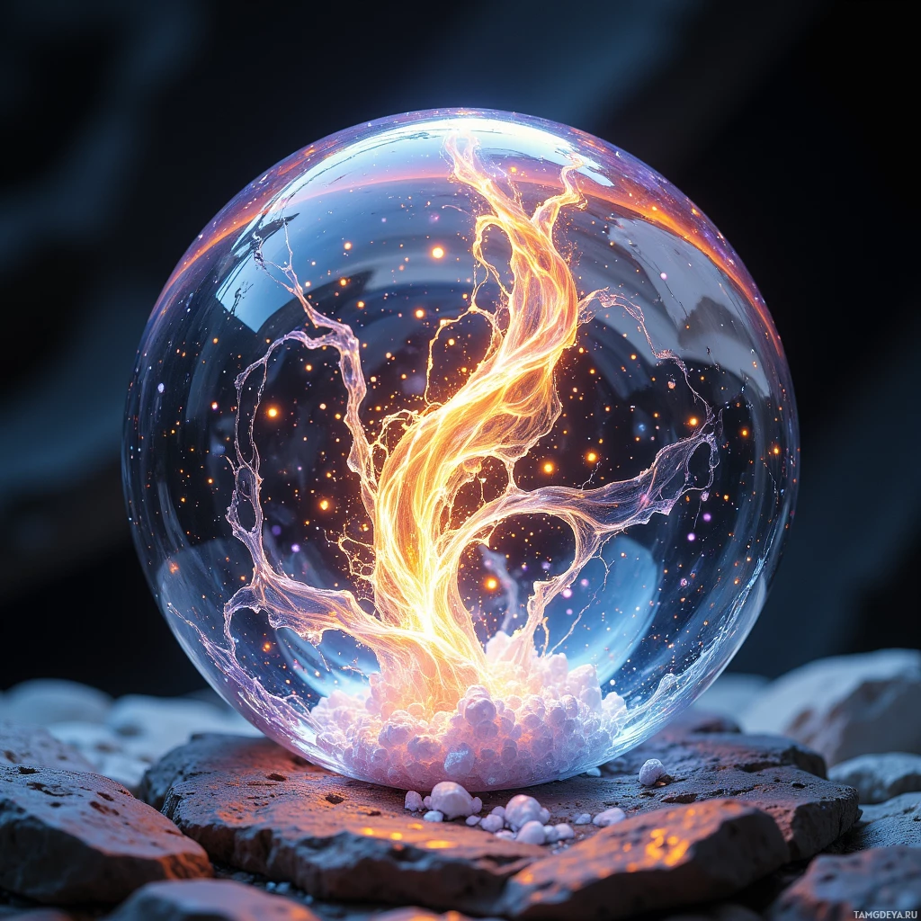 Светящаяся, огненная структура, напоминающая дерево, внутри прозрачной сферы, покоящейся на камнях.