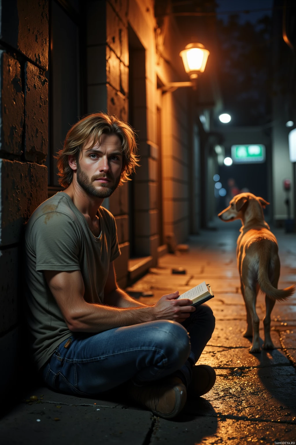 Мужчина сидит на мощеной улице ночью и читает книгу, рядом с ним стоит собака.