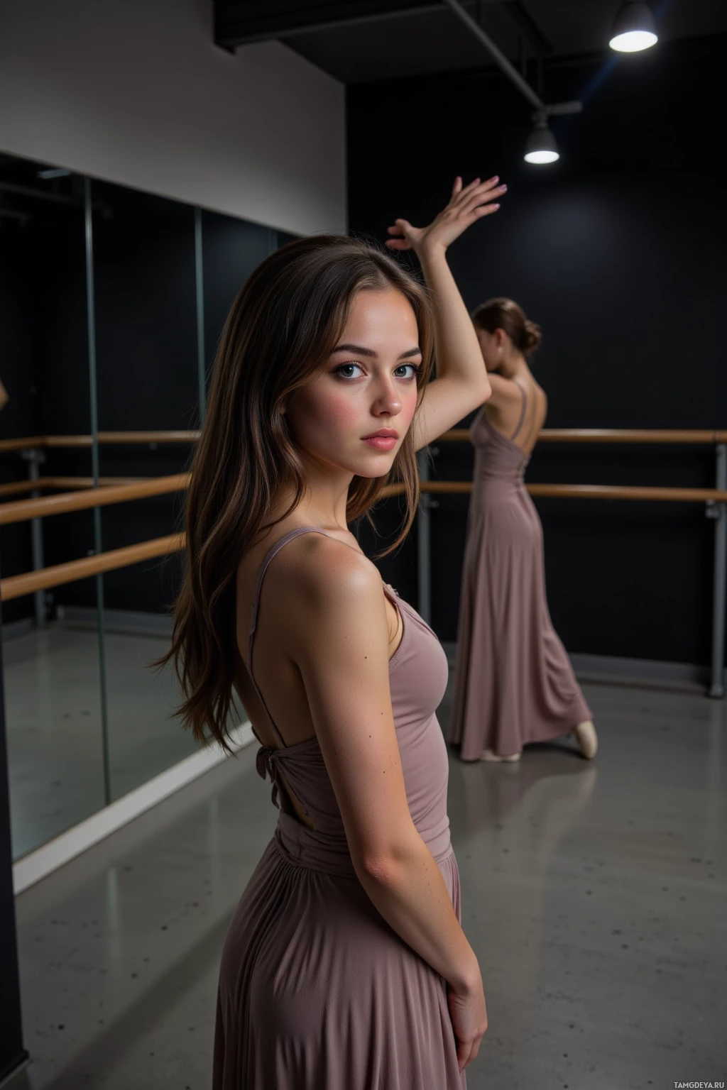 Молодая женщина в балетном зале, в длинном платье, изящно позирует, подняв одну руку.