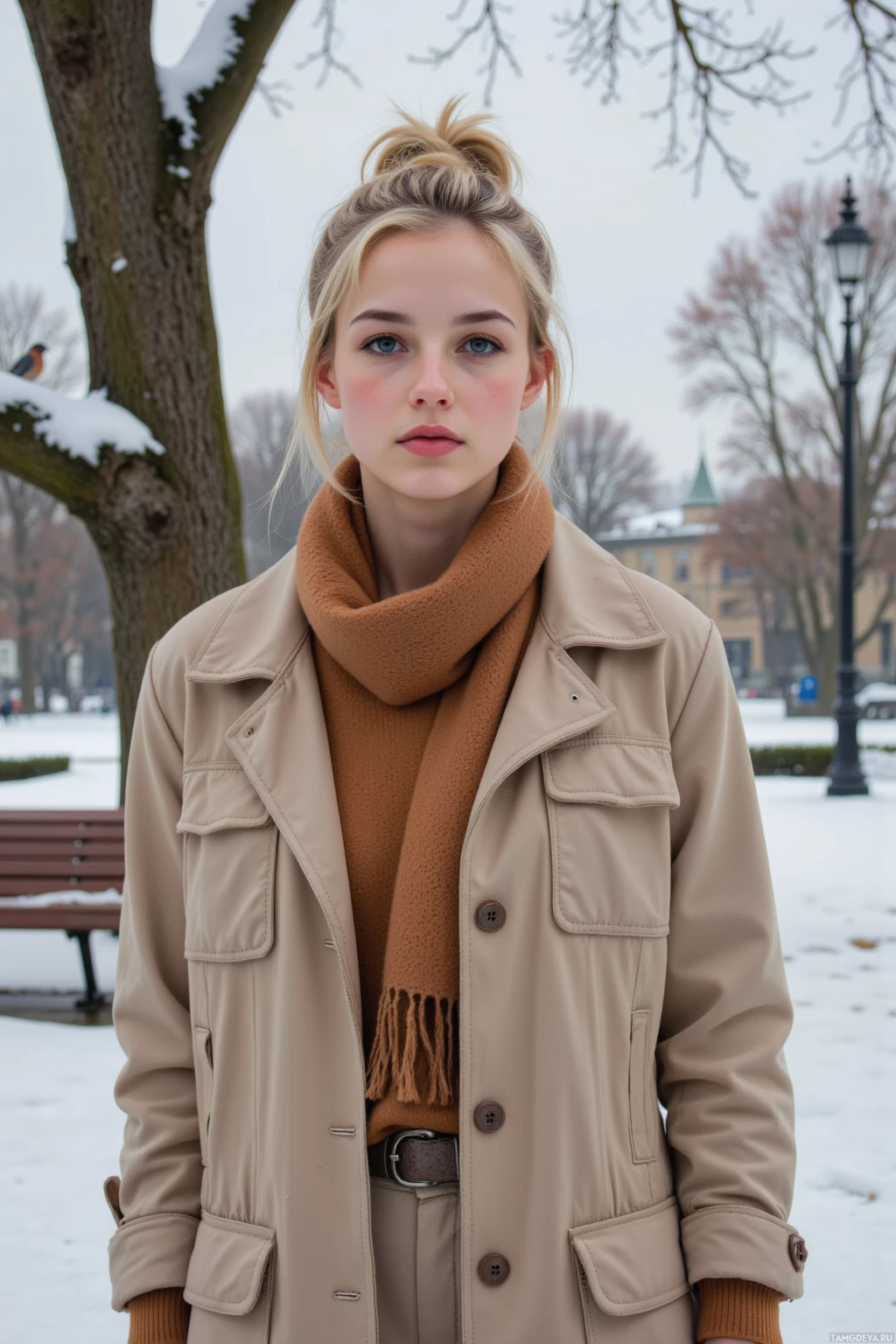 Человек стоит на улице, одетый по-зимнему: бежевое пальто и коричневый шарф. На заднем плане – заснеженная земля и голые деревья.