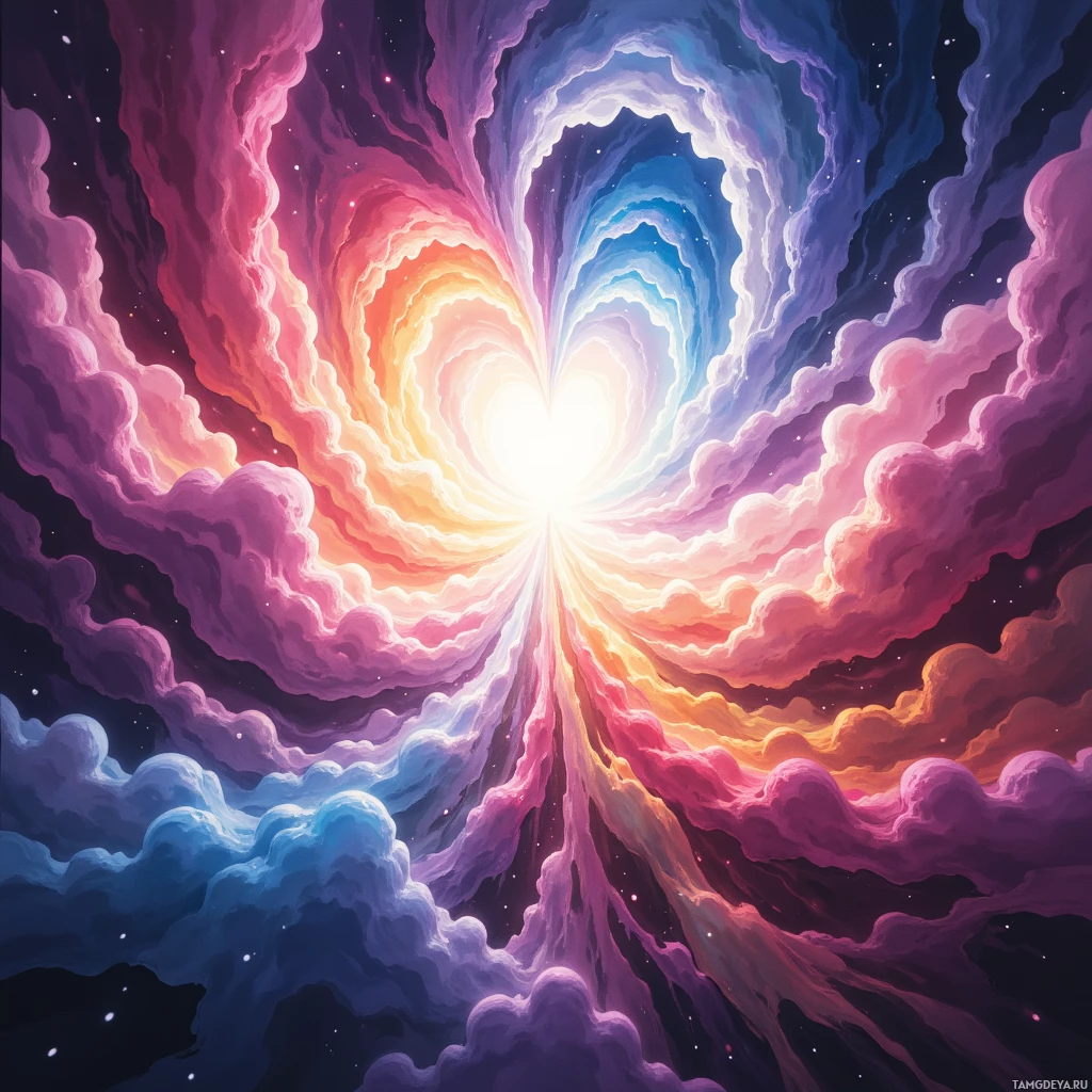 Яркая, вибрирующая космическая сцена с ярким светом в центре, окружённая разноцветными, неземными облаками.