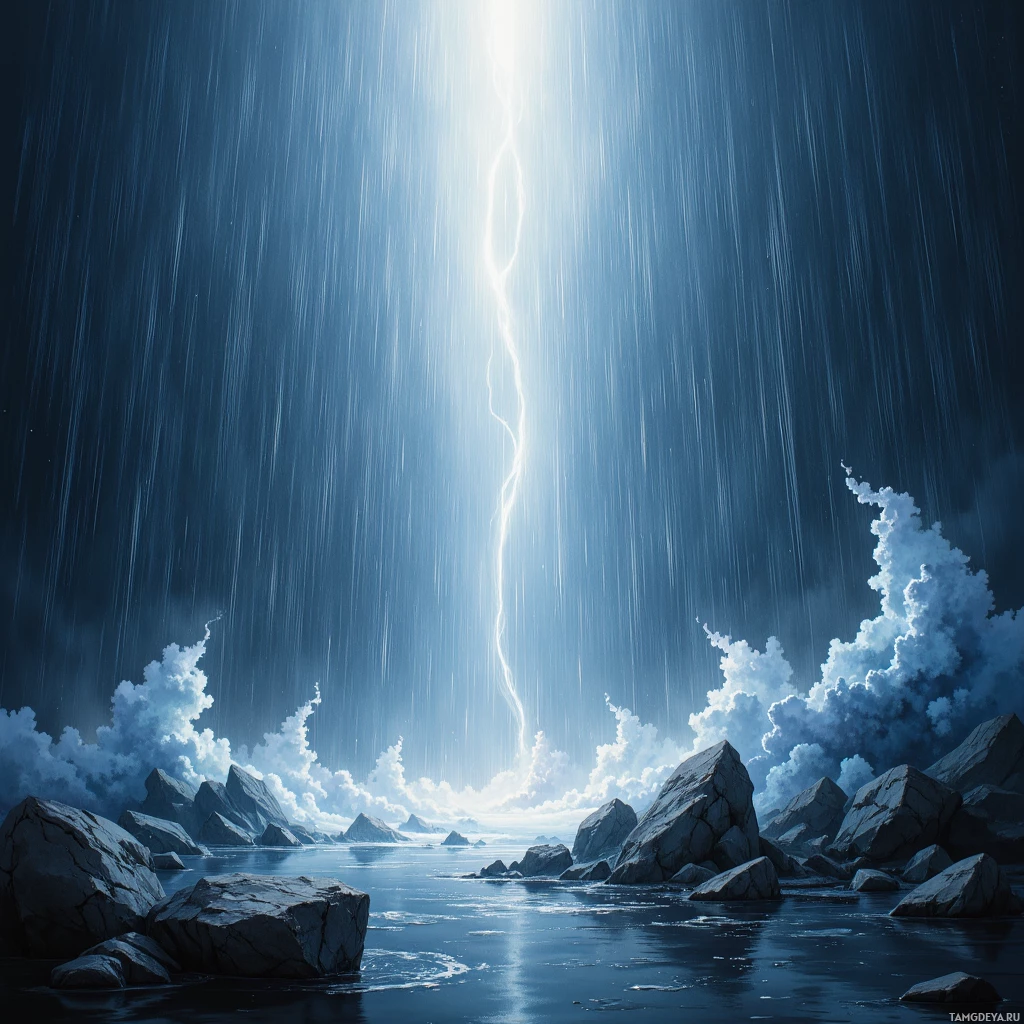 Впечатляющая сцена: яркая молния освещает темное небо над каменистым берегом.