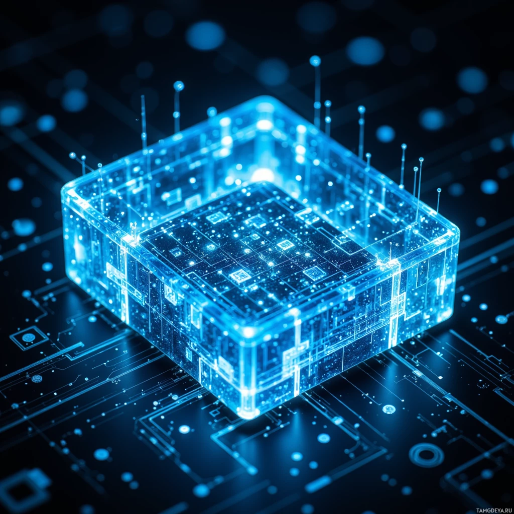 Светящийся синий куб со сложной схематикой и светящимися точками на фоне тёмного, напоминающего схему фона.