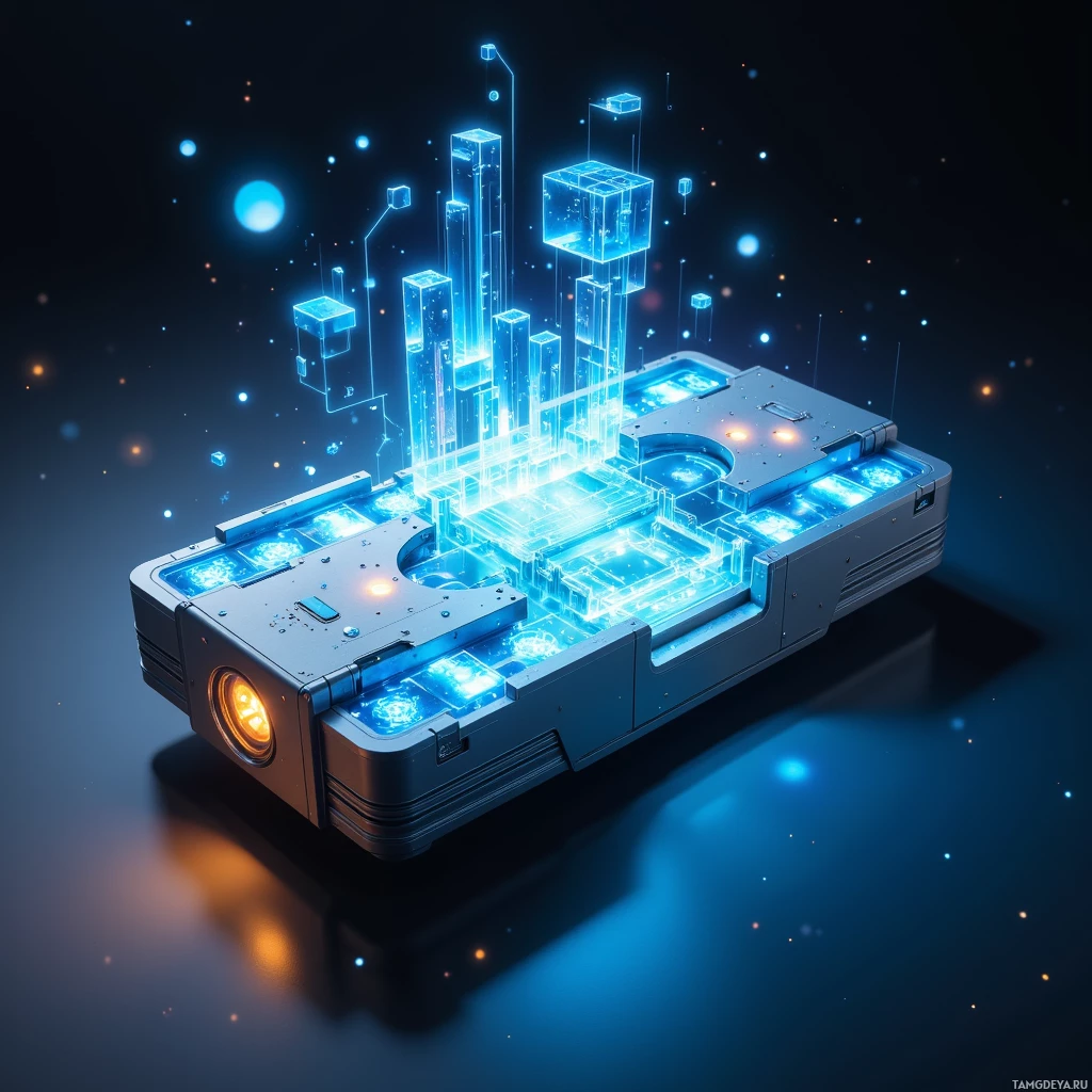 Футуристическое сияющее голубое устройство с прозрачными элементами и светящимися деталями на темном фоне.