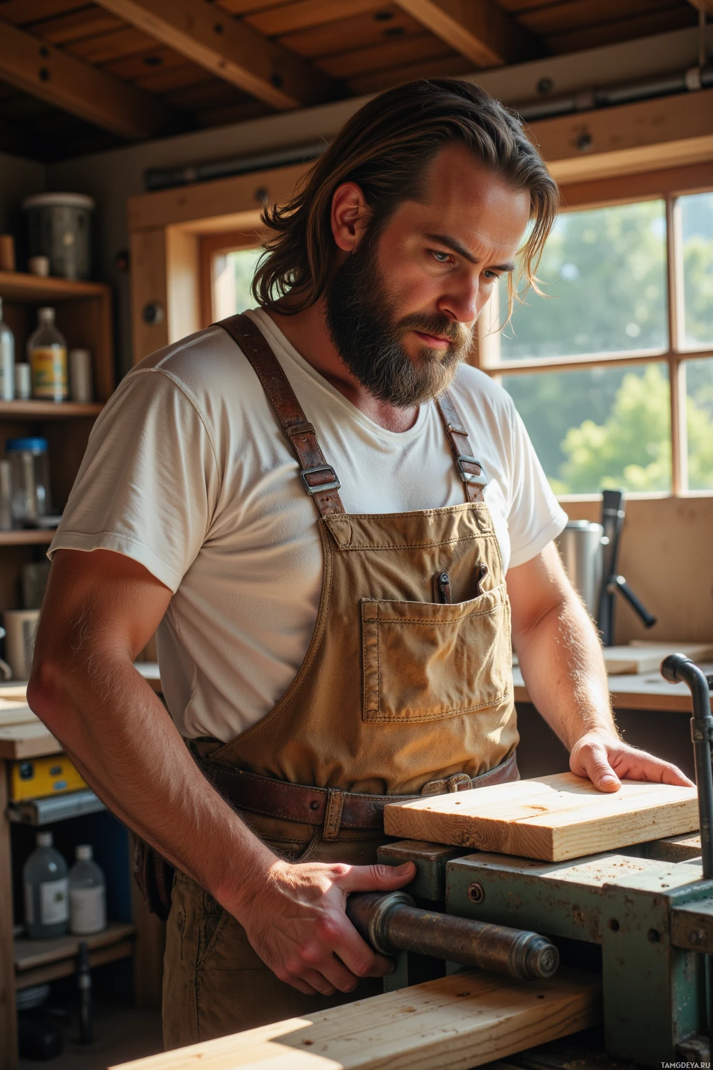 В мастерской мужчина в спецовке и белой рубашке работает с деревом на станке.