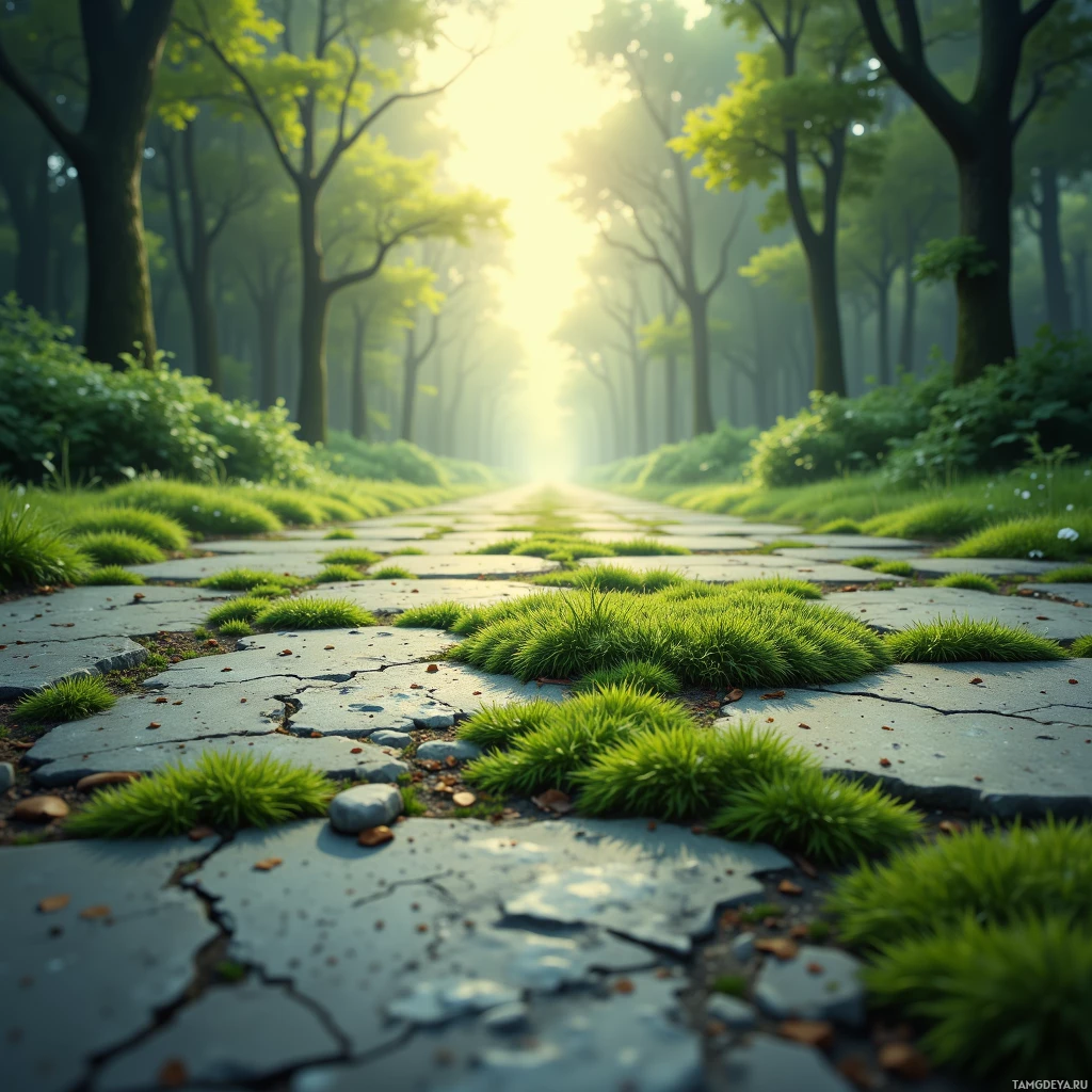 Тихая лесная тропинка, утопающая в сочной зелени и залитая мягким солнечным светом.