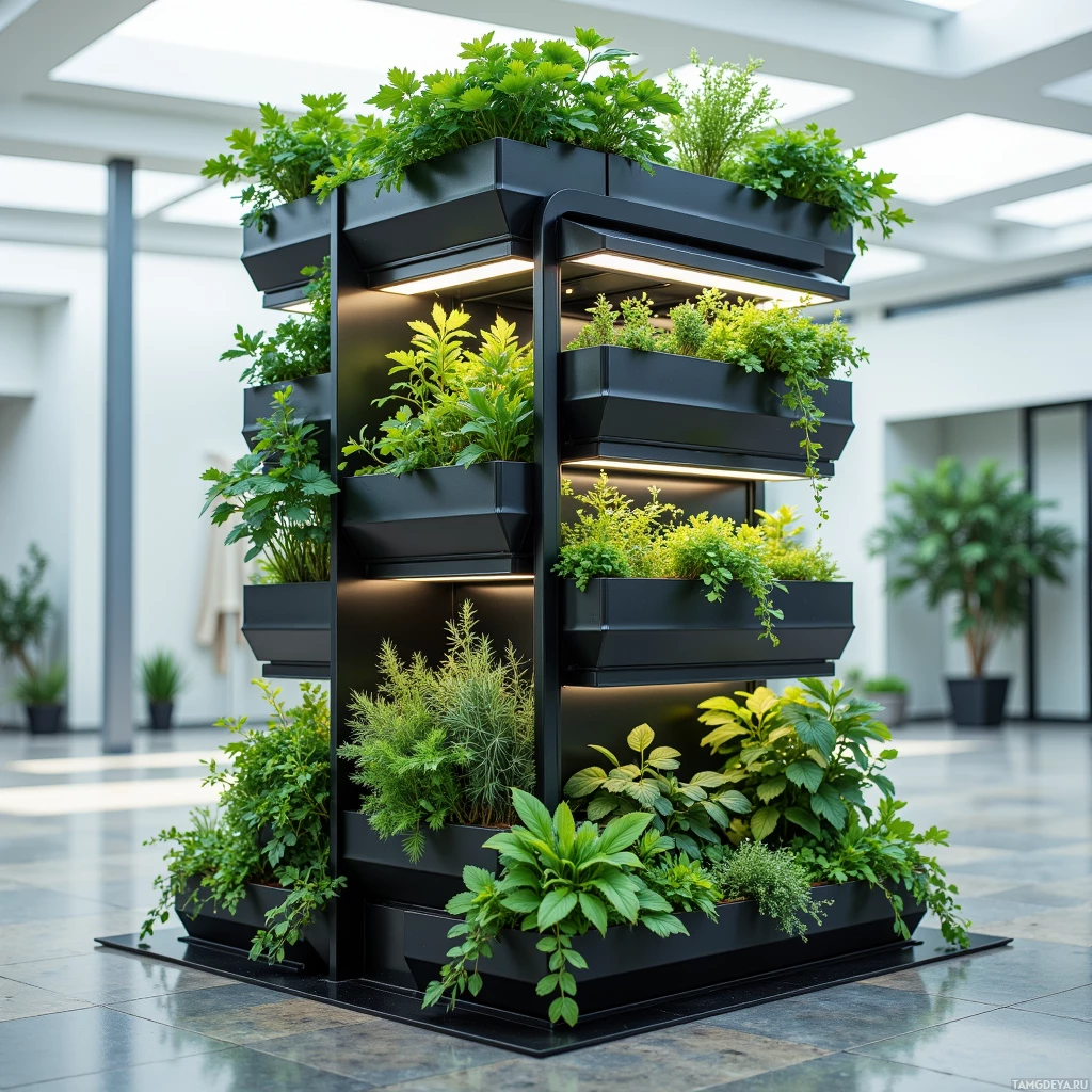 Современная вертикальная мини-сад с многоуровневыми полками и подсветкой растений.