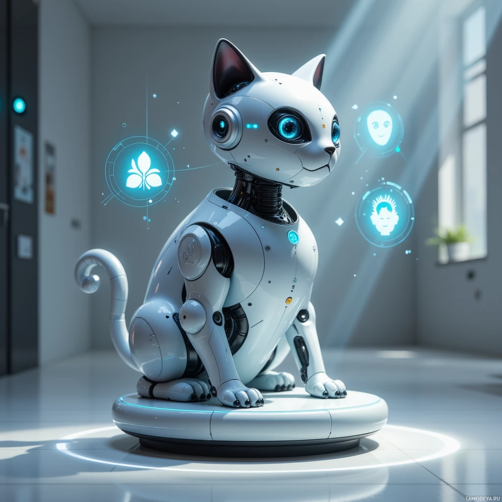 Белый футуристический робот-кот с сияющими голубыми глазами и элегантным дизайном сидит в современной, светлой комнате.