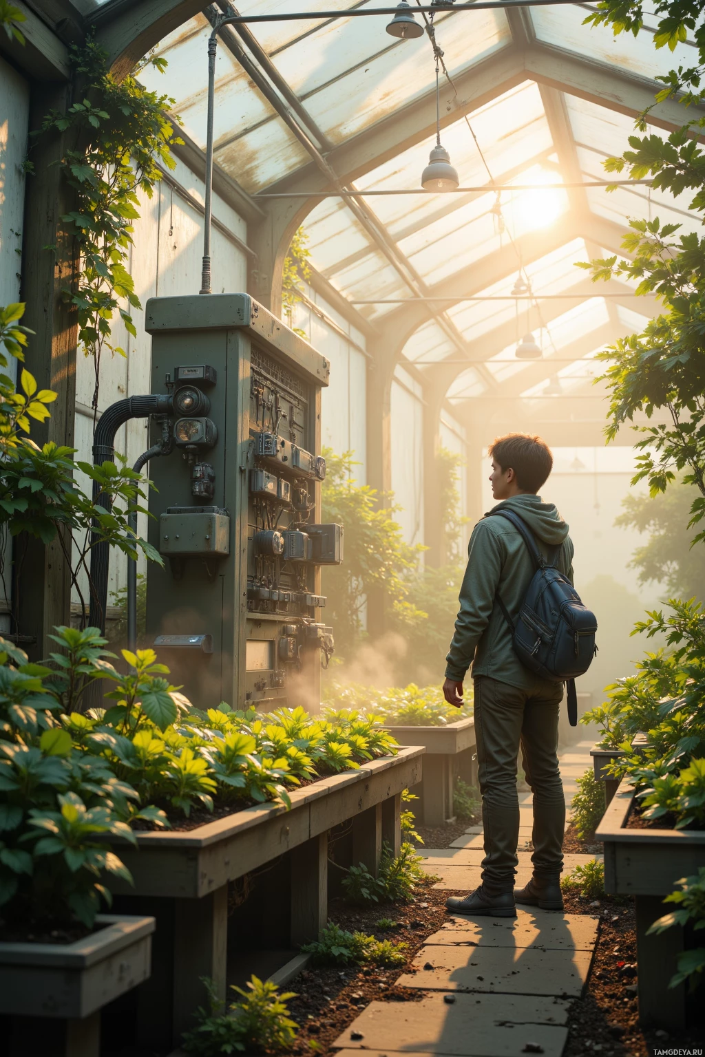 Человек стоит в теплице, окруженный растениями, залитых солнечным светом, проникающим сквозь стеклянную крышу.