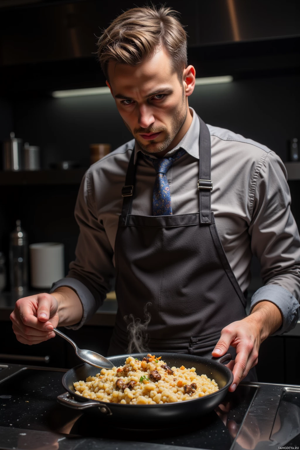 Мужчина на кухне в фартуке и галстуке держит ложку над миской с едой.