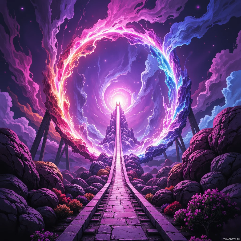 Яркая, фантастическая сцена: светящийся портал и каменная тропа, ведущая к яркому свету вдалеке.