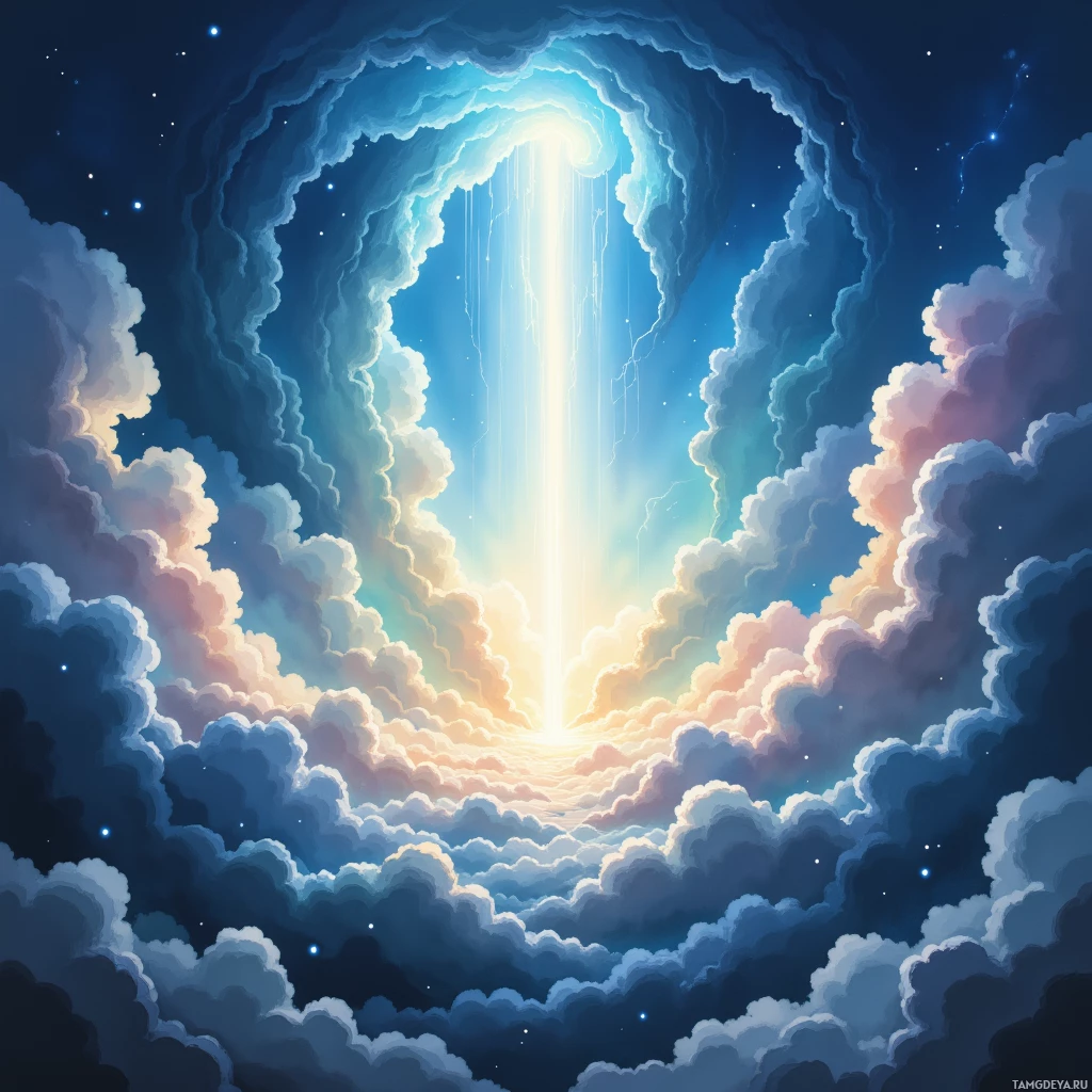 Спокойное ночное небо с лучезарным лучом, спускающимся сквозь облака.
