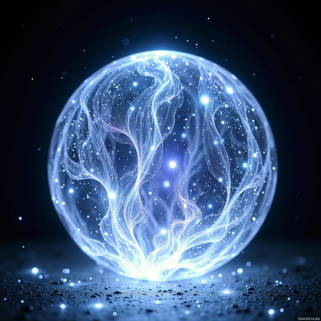 Светящаяся, неземная сфера с замысловатыми, плавными линиями и сверкающими частицами на тёмном фоне.
