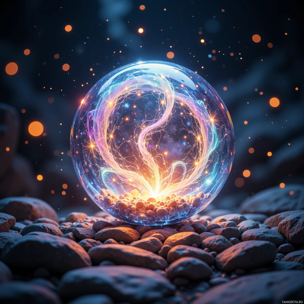 Сияющий, неземной шар покоится на камнях, излучая яркий, космический свет.