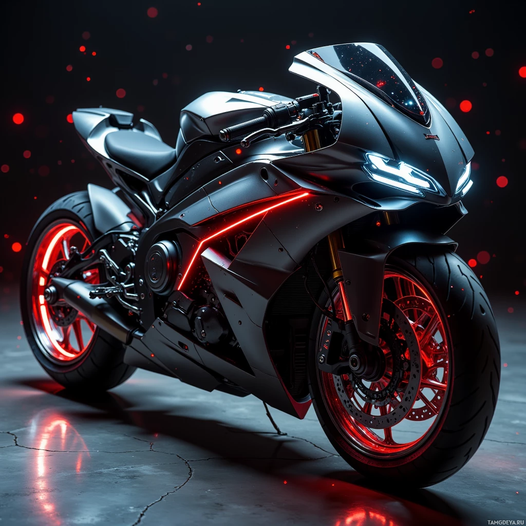 Изящный, футуристичный мотоцикл с яркими красными акцентами и глянцевым, отражающим поверхность.