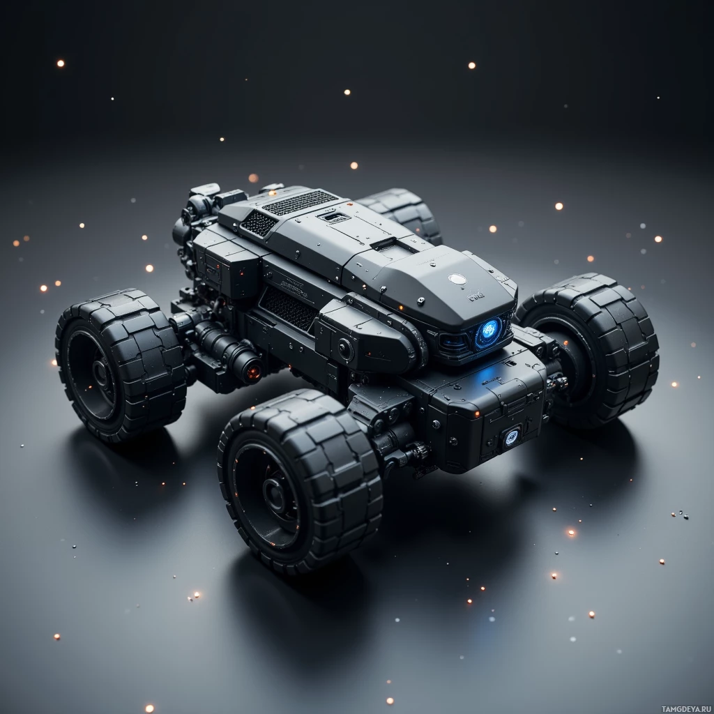 Футуристичный бронированный транспорт на массивных колёсах с голубой подсветкой.