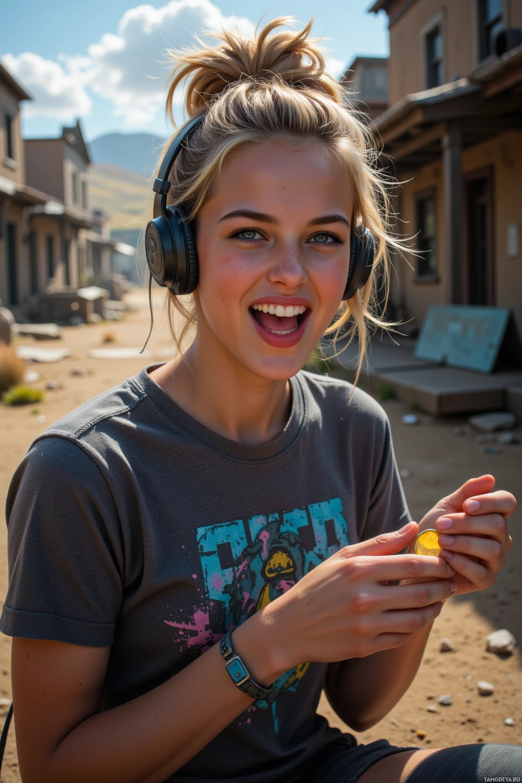 Человек в наушниках и футболке с принтом улыбается, держа в руках небольшой предмет.