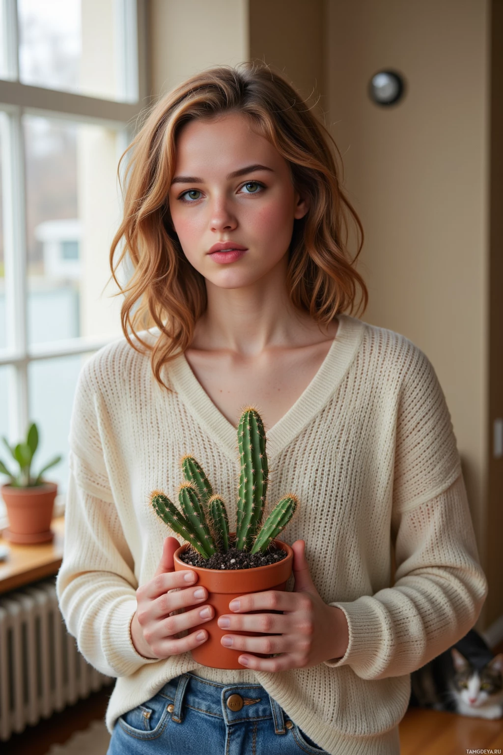 Человек в кремовом свитере держит в руках небольшой кактус в горшке.