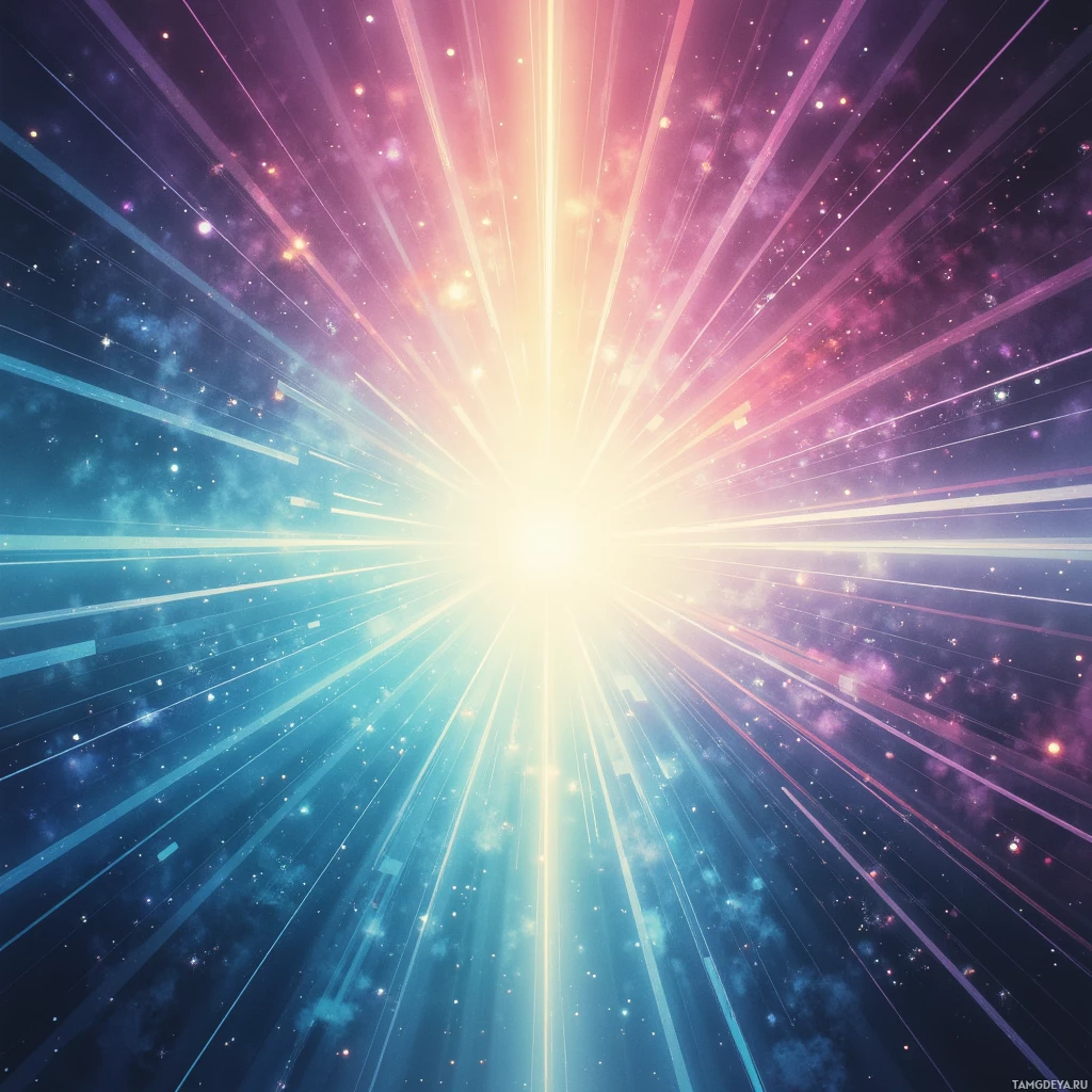 Яркая космическая сцена, залитая сияющими лучами света и усыпанная звездами.