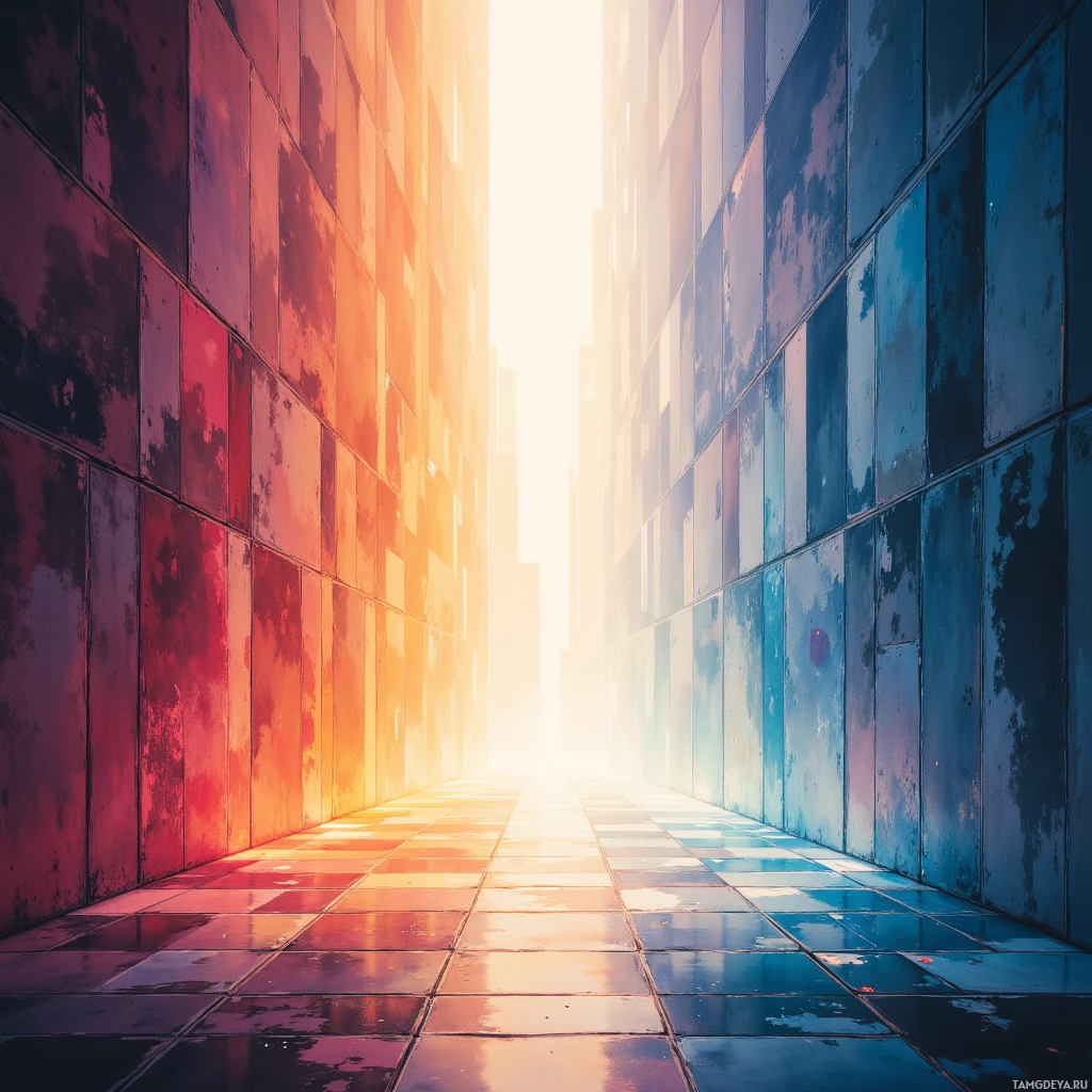 Коридор с яркими плитковыми стенами и полом, ведущий к свету в конце.