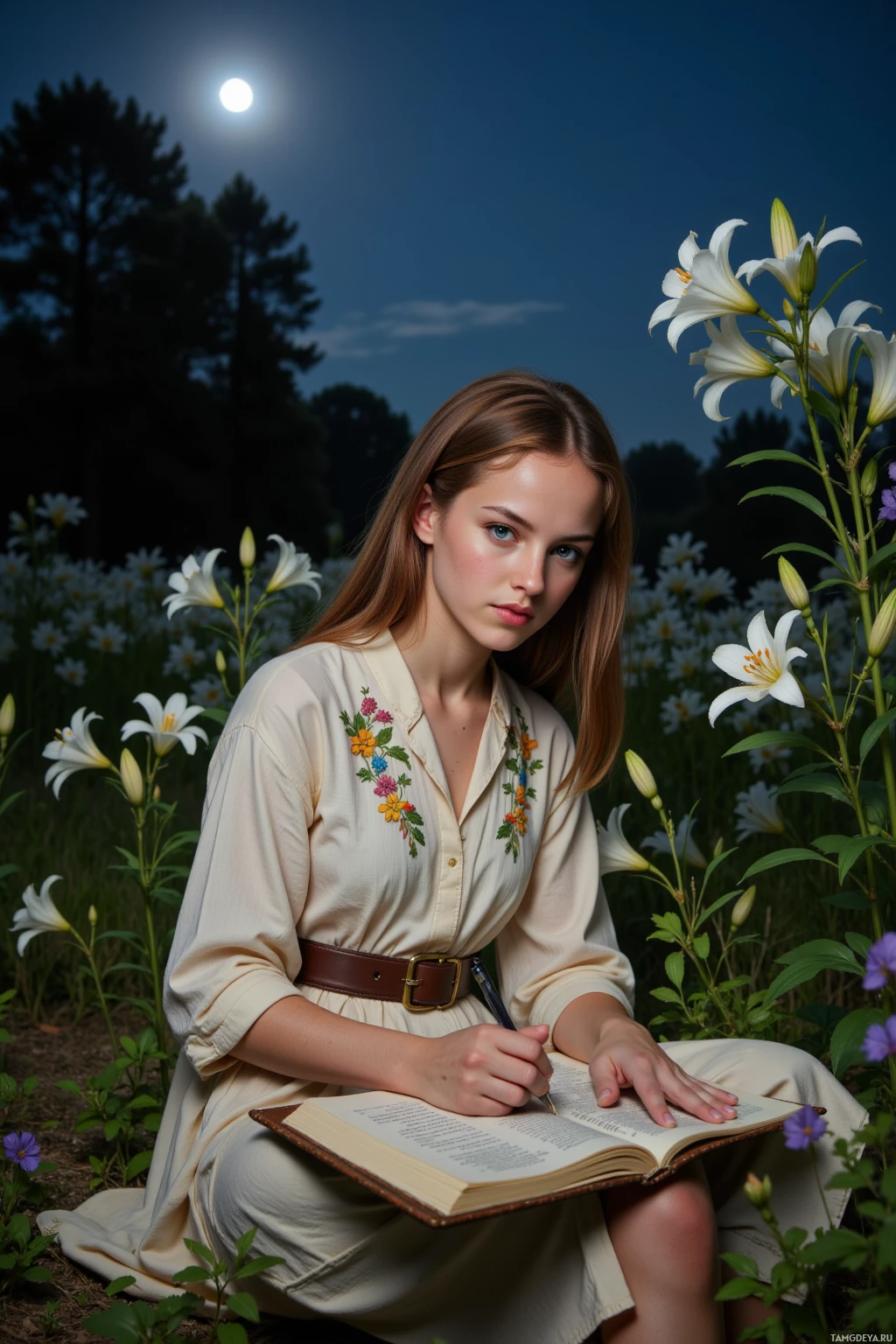 Молодая женщина сидит в залитом лунным светом саду, читая книгу, окружённая цветами.