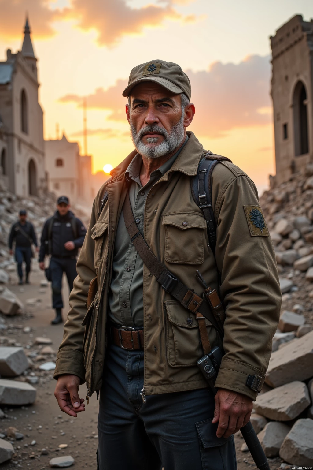 Realistic high quality photo. A 58‑year‑old battle‑hardened veteran with grey hair, grizzled beard and deep brown eyes, wearing a worn military jacket and cap, standing at dawn on crumbling ruins with a small crew behind him as the warm sunrise lights shattered buildings, radiating hope and resilience.
