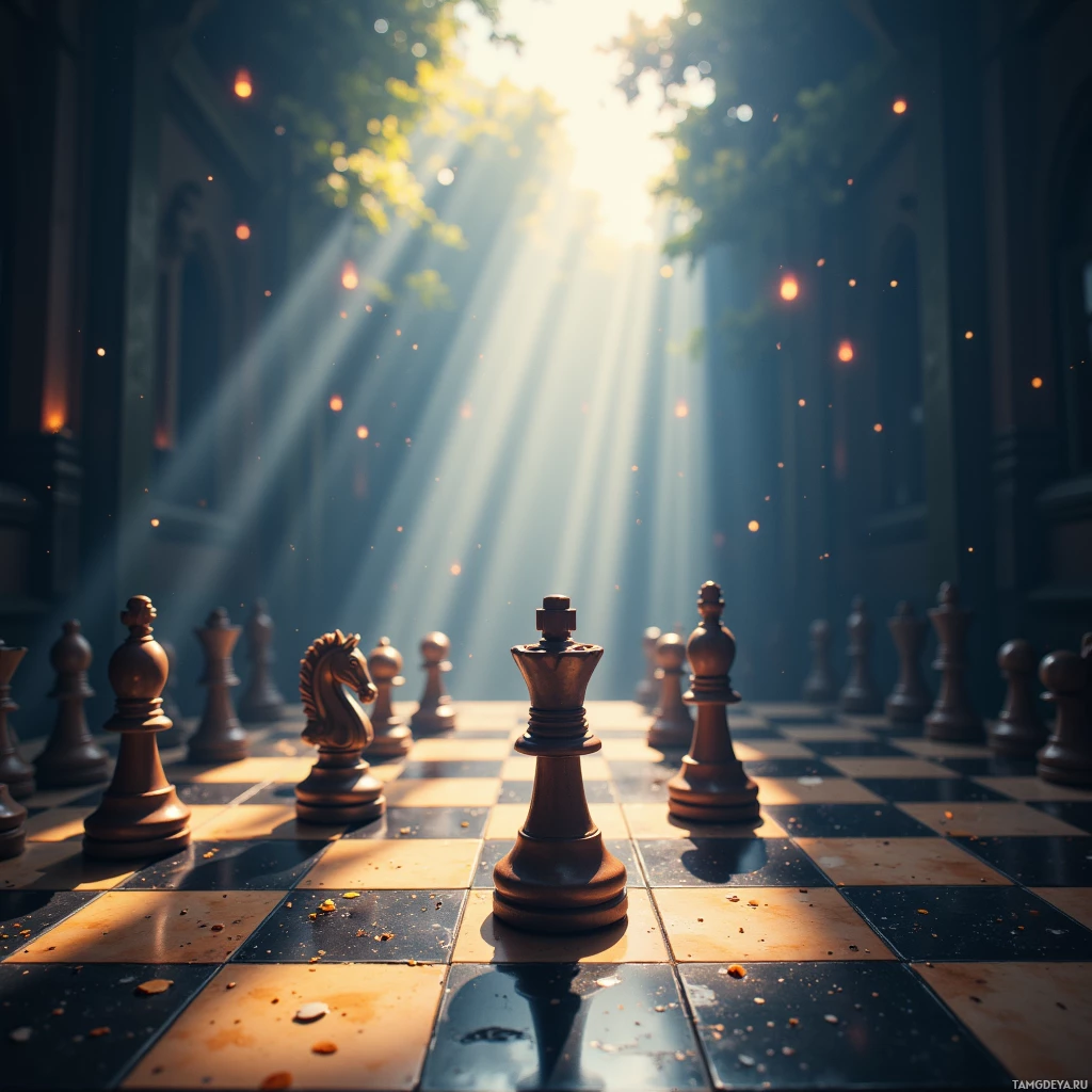 Шахматная доска с расставленными фигурами в стратегической композиции, залитая солнечным светом, льющимся через арочный проем.