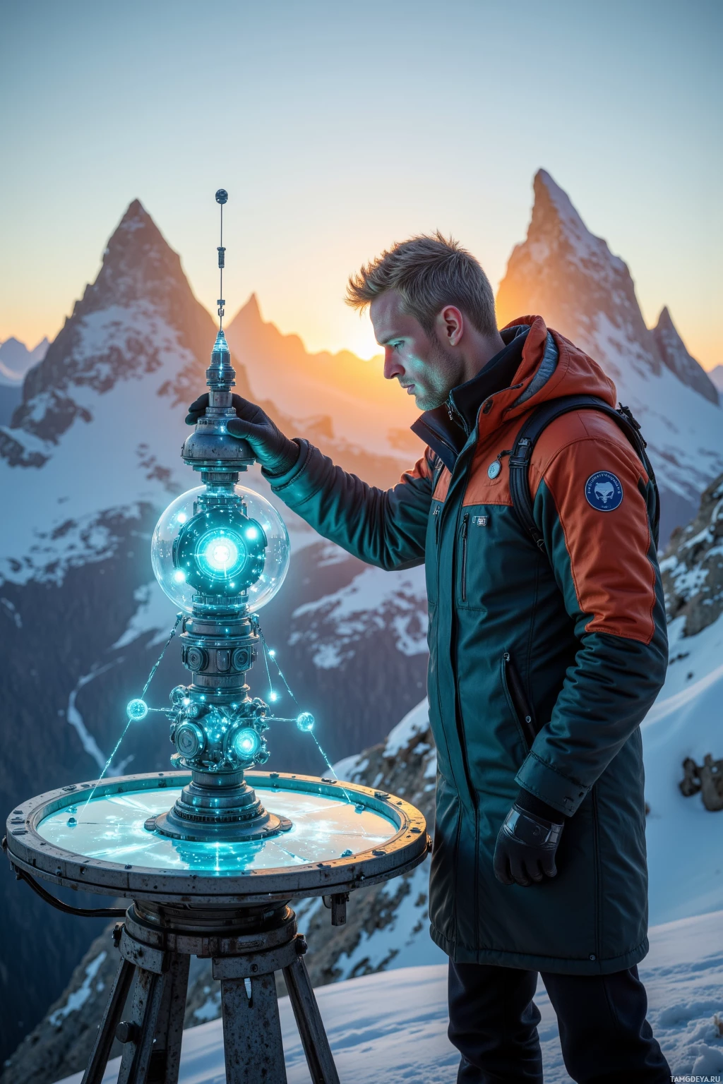 Realistic high quality photo. Male, 39, frosted blonde hair tips, sharp blue eyes, pale skin, wearing an insulated rugged coat for harsh mountain environments, standing at sunrise on a high‑altitude research platform aligning a luminous atmospheric sensor array to a humming quantum core, snow‑capped peaks in the background, a projected climate data screen glows beside him, posture methodical and focused.