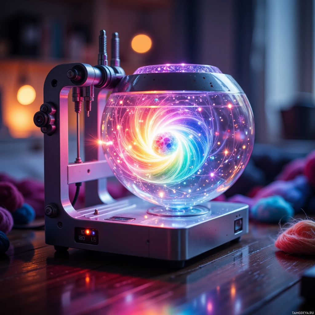 Светящийся, красочный сферический объект со сложным орнаментом стоит на металлической подставке на деревянной поверхности.