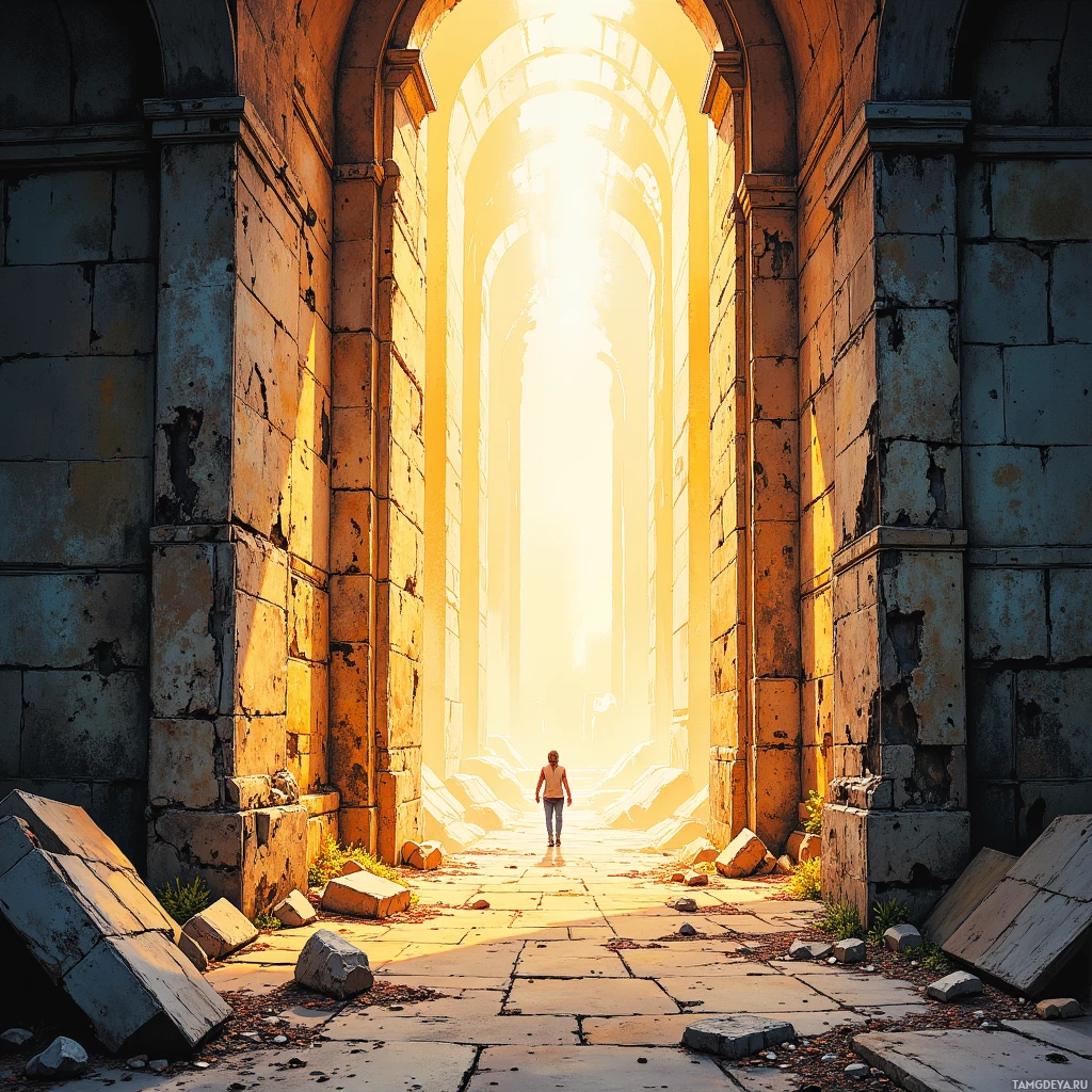 Одинокая фигура идет через древний, залитый солнцем арка, среди руин.