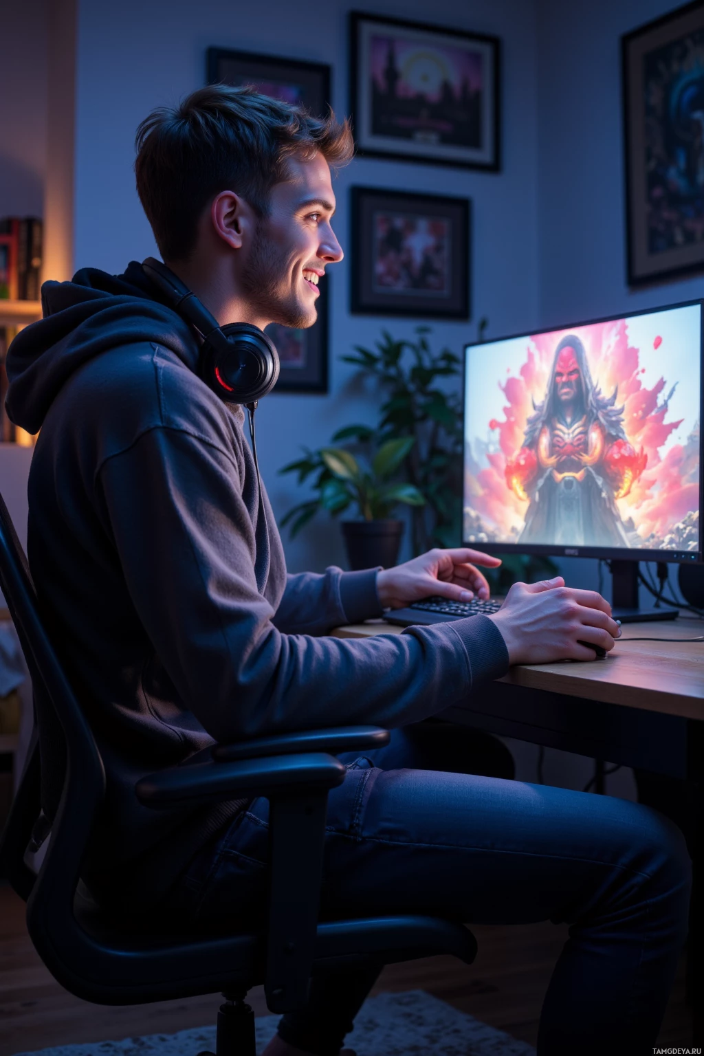 Человек в наушниках сидит за столом и улыбается, играя в компьютерную игру на мониторе.