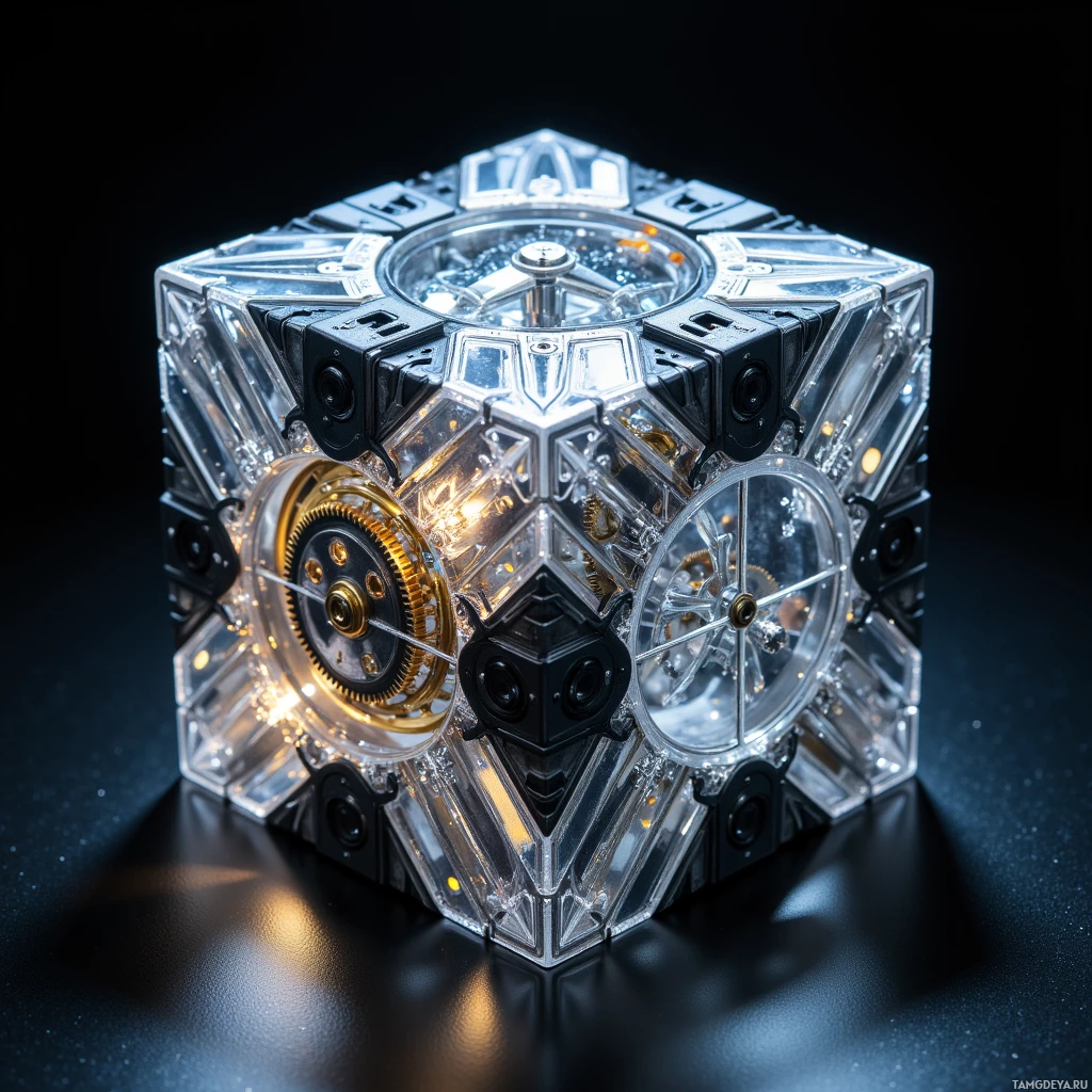 Прозрачный механический куб с замысловатыми шестерёнками и подсветкой внутри.