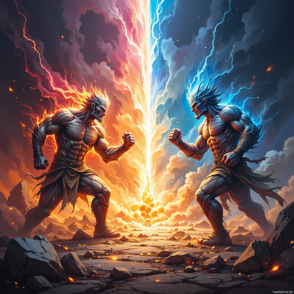Две могучие фигуры стоят друг напротив друга, окруженные яркими вспышками молний на фоне грозного неба.