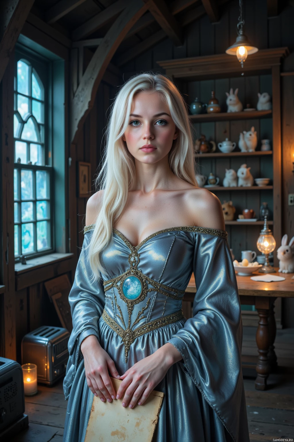 В уютной, деревенском стиле комнате с деревянными полками стоит женщина в изящном платье с открытыми плечами, рядом горит лампа.