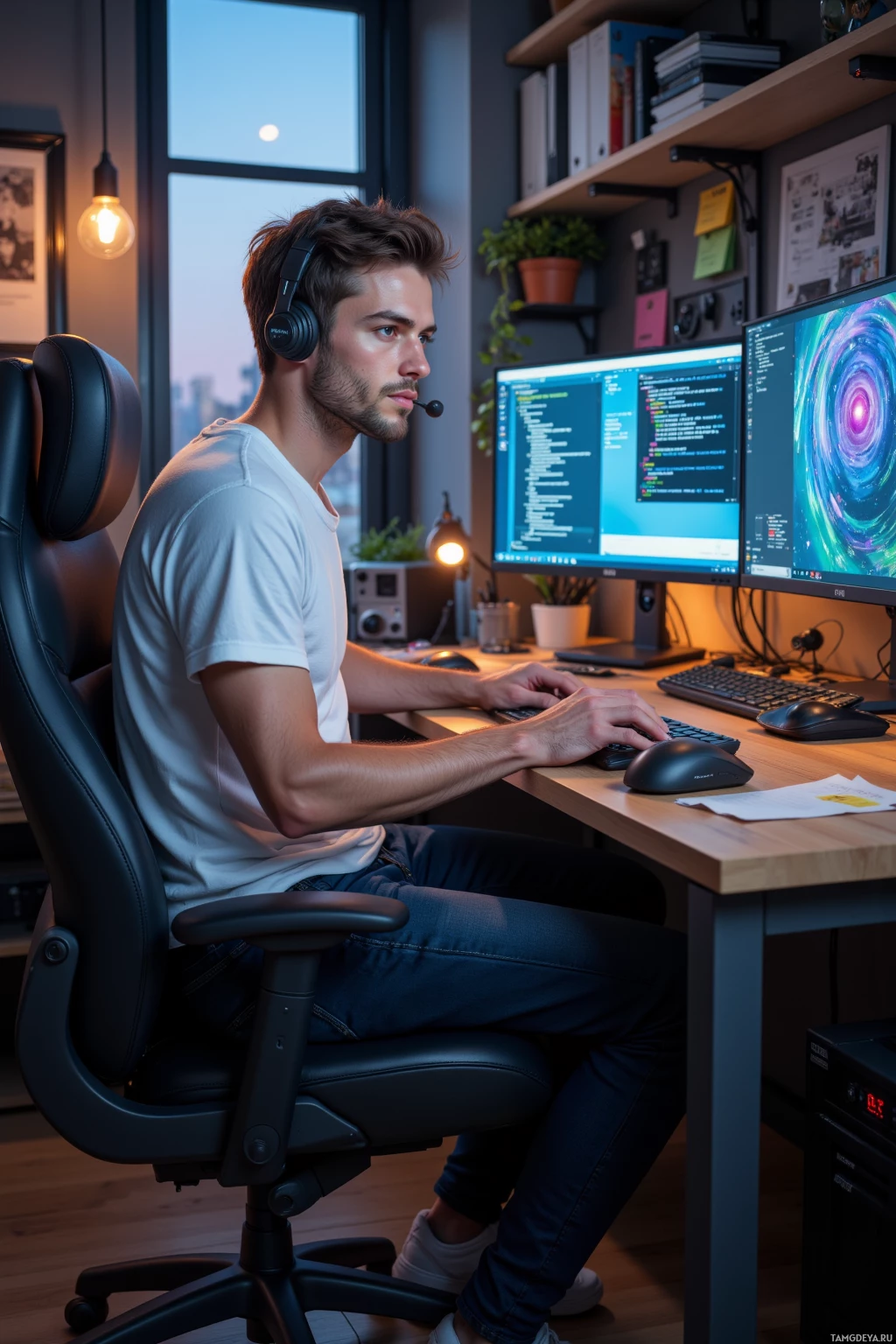 Человек сидит за столом и работает за компьютером в полумраке.